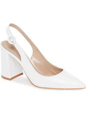 Women's White Slingback Chunky Heel Slip On Pointed Toe Block Dress Shoes